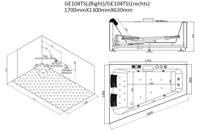 Narożna wanna z hydromasażem prawa bez obudowy GE104TSL (170x130x70cm)