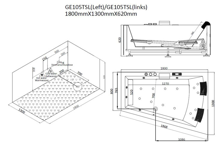 Narożna wanna z hydromasażem lewa bez obudowy GE105TSL (180x130x62cm)