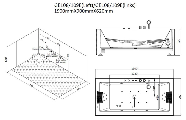 Prostokątna dwuosobowa wanna z hydromasażem bez obudowy GE109E (190x90x62cm)